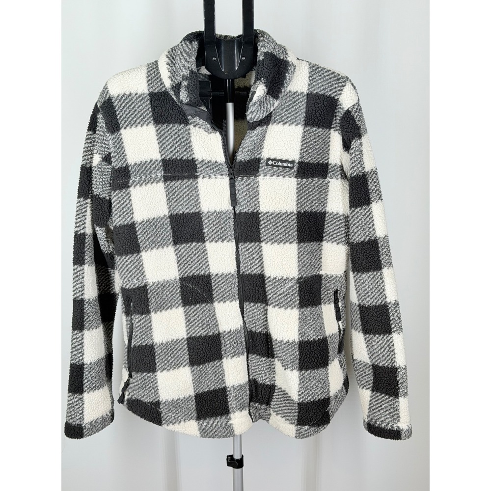 Columbia Buffalo Plaid Sherpa Fleece Jacket Full Zip Black White XXL